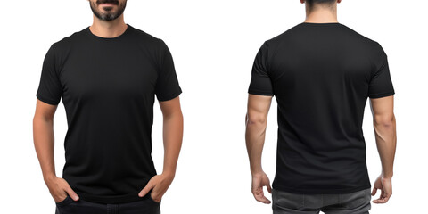 Set of plain black color t-shirt template front and back view mock up isolated on a transparent background - obrazy, fototapety, plakaty
