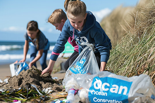 individuals collecting trash on beaches, engaging in ocean conservation efforts, or promoting plastic-free oceans.