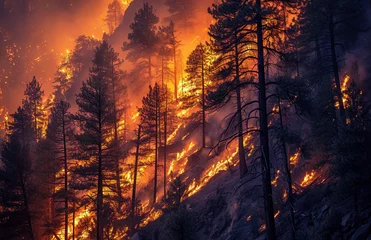 Foto auf Acrylglas Backstein  intensity of wildfires ravaging forests capturing the towering flames, billowing smoke