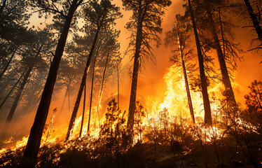  intensity of wildfires ravaging forests capturing the towering flames, billowing smoke