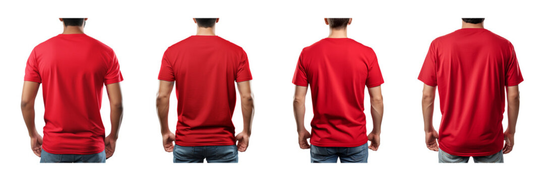 Set of plain red color t-shirt template back view mock up isolated on a transparent background