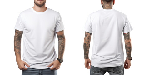 Set of plain white color t-shirt template front and back view mock up isolated on a transparent background