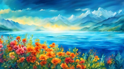 Fototapeta na wymiar landscape with lake and mountains, water color landscape, blue, yellow, orange,