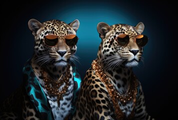 Two leopard fashion models showcasing trendy style while wearing stylish sunglasses. These cute anthropomorphic animals bring a playful and fashionable vibe to the scene.