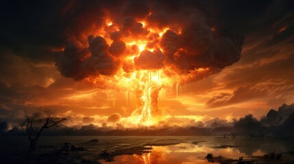 An intense depiction of a futuristic nuclear explosion against a dark background, illustrating a dramatic and ominous scene.