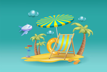 The concept of a tourist vacation with a beach chaise longue 
and an umbrella. 3D vector illustration
