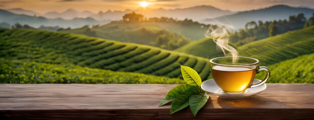 A steaming cup of tea with green leaves on a wooden surface with a scenic tea plantation at...