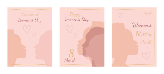 International Women's Day greeting cards collection. March 8 simple elegant design with woman's head silhouette and doodle hearts decorative elements. Print, social media, promo template