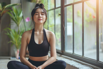 Portrait of sport slim fit strength asian woman training in sportswear sitting relax and practicing yoga