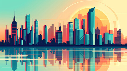 Sunset City Reflections: Modern Urban Skyline with Warm Gradient Hues and Reflective Water Surface