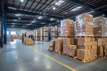 Large warehouse space with cardboard boxes.
