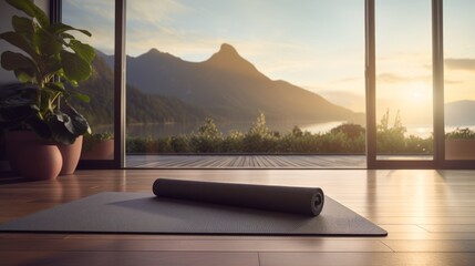 Rolling Yoga mat, Healthy Lifestyle, Fitness. Close to a window with a natural backdrop. Yoga...