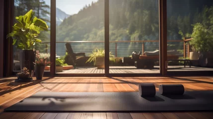 Foto auf Acrylglas Rolling Yoga mat, Healthy Lifestyle, Fitness. Close to a window with a natural backdrop. Yoga relaxation. © nataliia_ptashka