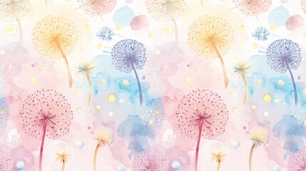 Watercolor dandelions wallpaper. Cute design, pastel colour, Watercolor paper textured illustration for design, vintage card, templates, retro cards, banners.