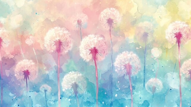 Watercolor dandelions wallpaper. Cute design, pastel colour, Watercolor paper textured illustration for design, vintage card, templates, retro cards, banners. © nataliia_ptashka