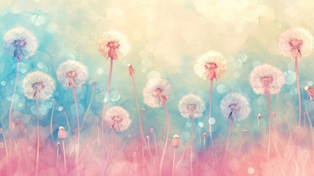 Fototapeta Watercolor dandelions wallpaper. Cute design, pastel colour, Watercolor paper textured illustration for design, vintage card, templates, retro cards, banners.