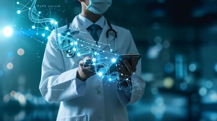 Medical technology. Doctor holding health icon with dna, electronic medical record. Digital healthcare and research with global network connection on hologram virtual screen, digital health technology