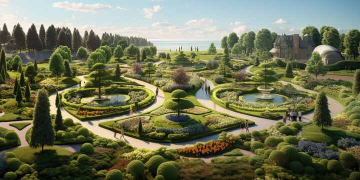 Images depict garden layouts, pathways, or designed landscapes, highlighting the overall design concept