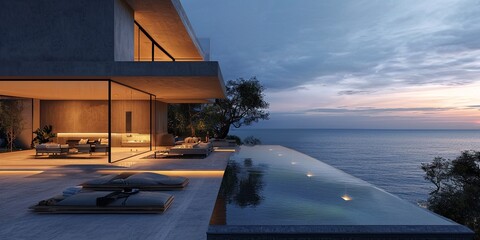 modern minimalistic house perched on a sea cliff sunrise ambiance with hues of soft yellow, light pink, and sky blue  overlooking tranquil ocean, gentle morning light
