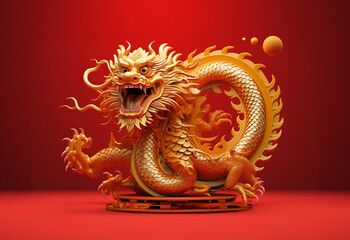 Fototapeta premium Gold dragon stand on red floor and red background, sign of lucky from China, Chinese style