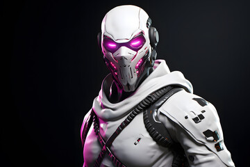 a gaming male character robot dressed in slim white outfit