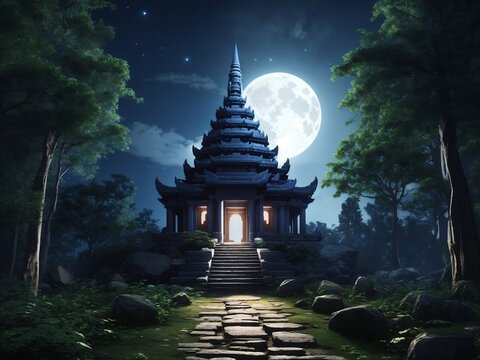 Mystical Moonlit Temple Forest: Ethereal Serenity Amid Nature's Night Symphony
