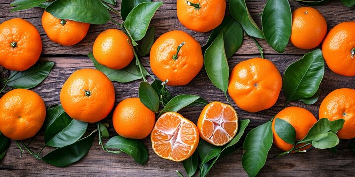 Tangerine, mandarines, clementine, orange fruits with green leaves on wooden table. Fresh tangerines citrus fruits background. Long web format