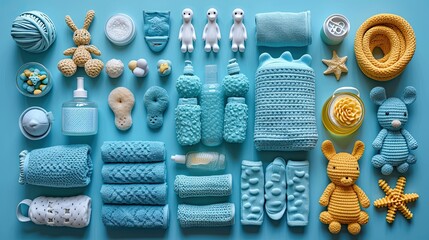 falt lay top view of newborn baby and babies items equipment with blue background
