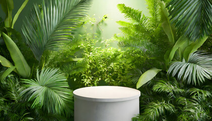 Obraz premium podium, wald, Dschungel, grün, hintergrund, präsentation, close up, blätter, tropisch, modern, neu, werbung, reklame, gestalten, konzept, entwerfen