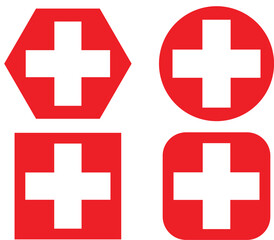 Round corner Swiss cross red squircle. A symbol made from arms of equal length with rounded corners. Isolated on a white background.