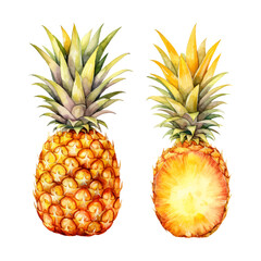 watercolor painting of pineapple four collection isolated