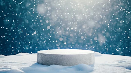 Fototapete Rund Natural Winter Christmas background with snowfall, snowflakes and gray textured concrete platform mockup, podium or table. Winter landscape with falling snow. Template for presentation cosmetic © Shi 