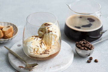 Ice cream and coffee, selective focus
