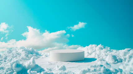 Minimal background with white textured concrete platform mockup, podium or table and realistic cloud on a blue sky. Template for presentation cosmetic products.