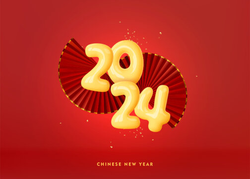 2024 chinese new year red background. 3d illustration with asian red fans and yellow bubble numbers 2024. Spring asian festival banner. Vector illustration