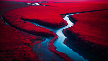 A river running through a red and blue field