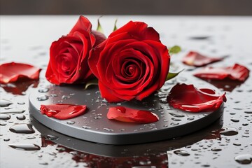 Illustrate a romantic valentine s day scene with a heart shaped gift box and rose petals, capturing the essence of love and affection.