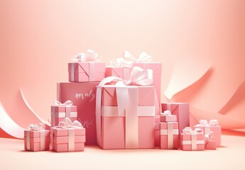 Mothers day sale flat design with christmas gift boxes and ribbons on pink.