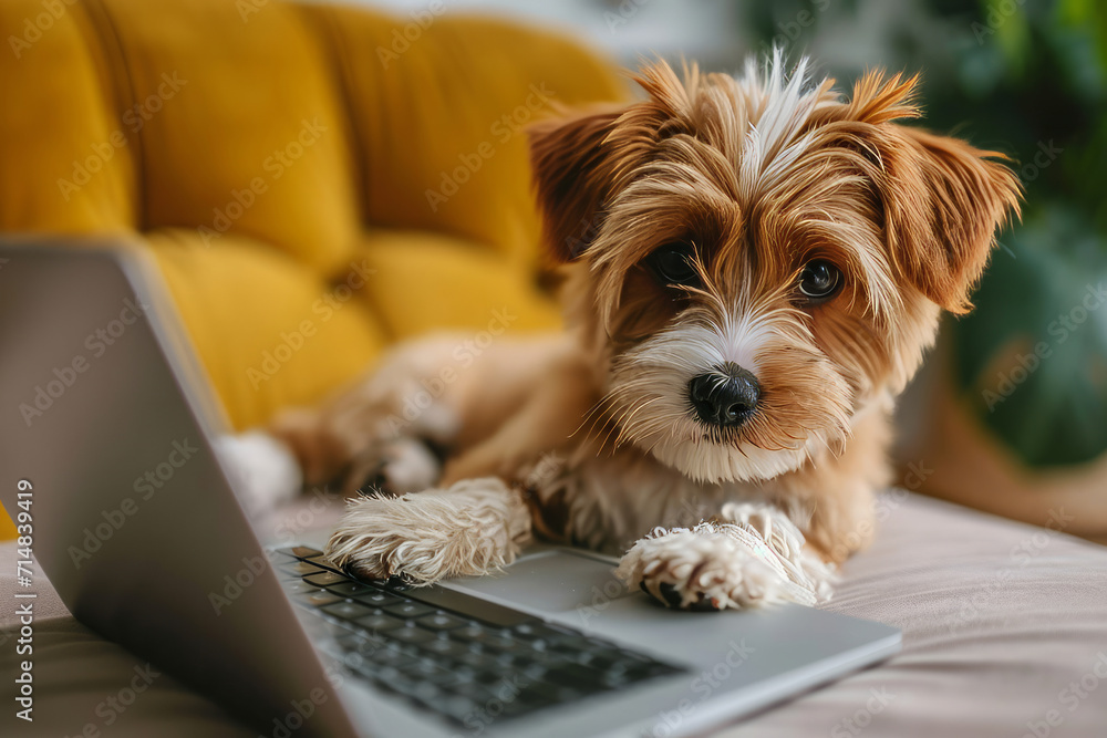 Poster dog with laptop. portrait of a r dog in front of a laptop dog using the keyboard on computer. dog si