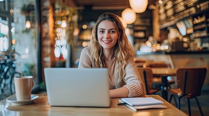 Naklejka premium A cozy home office setup with a stylish, minimalistic design, featuring a young professional working on a laptop, with a pet sleeping nearby