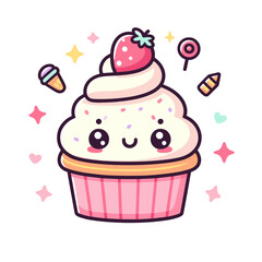 Cute kawaii cupcake with strawberry and sweets. Vector illustration, kawaii cupcake icon, generative ai