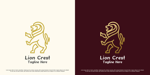 Lion crest logo design illustration. Silhouette of a lion tail standing roaring wild animal king of the jungle predator fangs claws brave. Minimalist elegant luxury pride honor simple icon symbol.