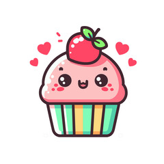 Cute cupcake with a strawberry, kawaii style vector illustration, kawaii happy cupcake icon design, generative ai