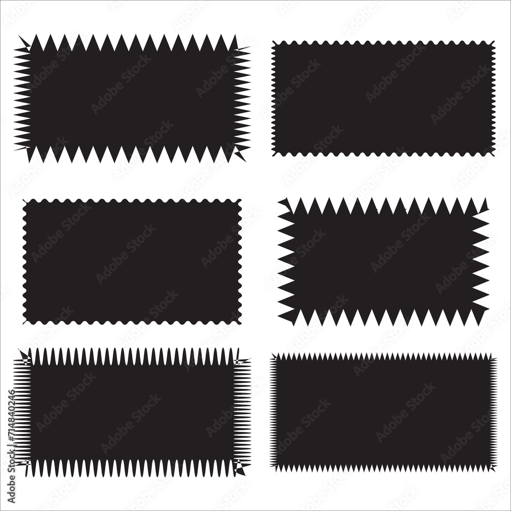 Poster zigzag edge rectangle shapes icon set. a group of 6 rectangular symbols with jagged edges. isolated 