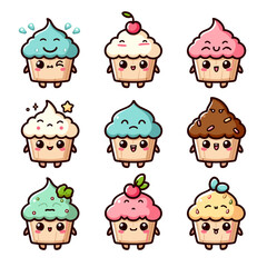 Cute cupcake with smiley faces vector set. Kawaii cupcake collection, kawaii cupcake icon, generative ai