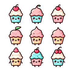 Cute cupcake pastry character vector design. Cute cupcake emoticon set, kawaii cupcake icon, generative ai