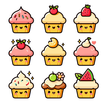 Cute cupcake of different flavors kawaii cartoon set. Vector illustration, kawaii cupcake icon, generative ai