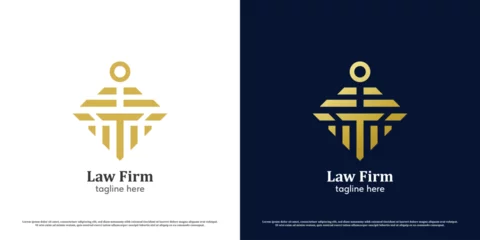 Fotobehang Bold judgment logo design illustration. Form of scales of justice judicial government court judge prosecutor lawyer. Simple geometric balance capital business letter T icon symbol ancient greek. © Morvana