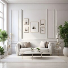 Frame white layout in the living room interior, 3d rendering. Generative AI. Living room interior with white sofa and plants. 