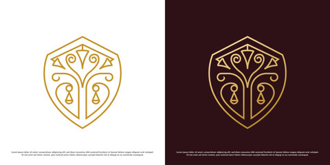 Justice badge logo design illustration. Forms of justice, regulations, scales, courts, government, advocates, lawyers, emblems, badges, shield guards. Simple minimal minimalist elegant luxury icon.